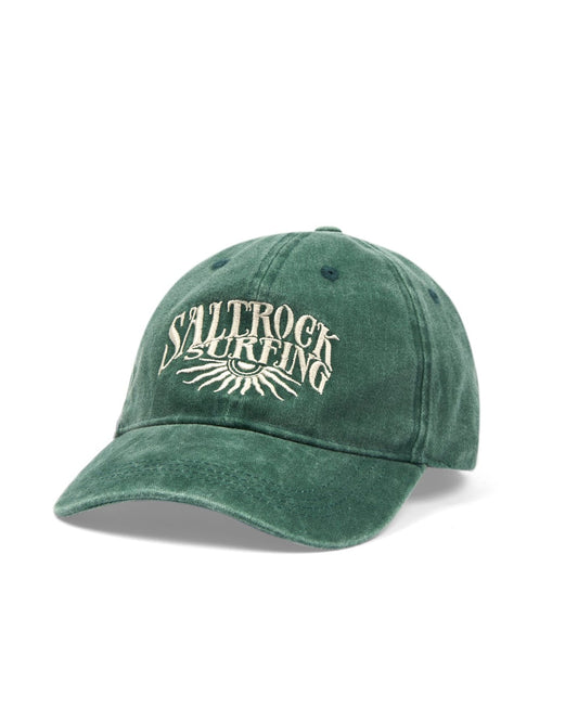 Green Sunburst Cap with Saltrock surfing logo and sunburst graphic embroidery on the front, isolated on a white background.