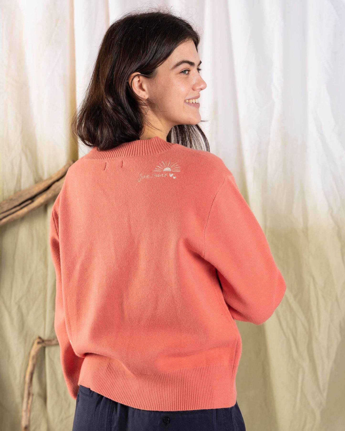 Serenity - Womens Knitted Embroidered Cardigan - Coral