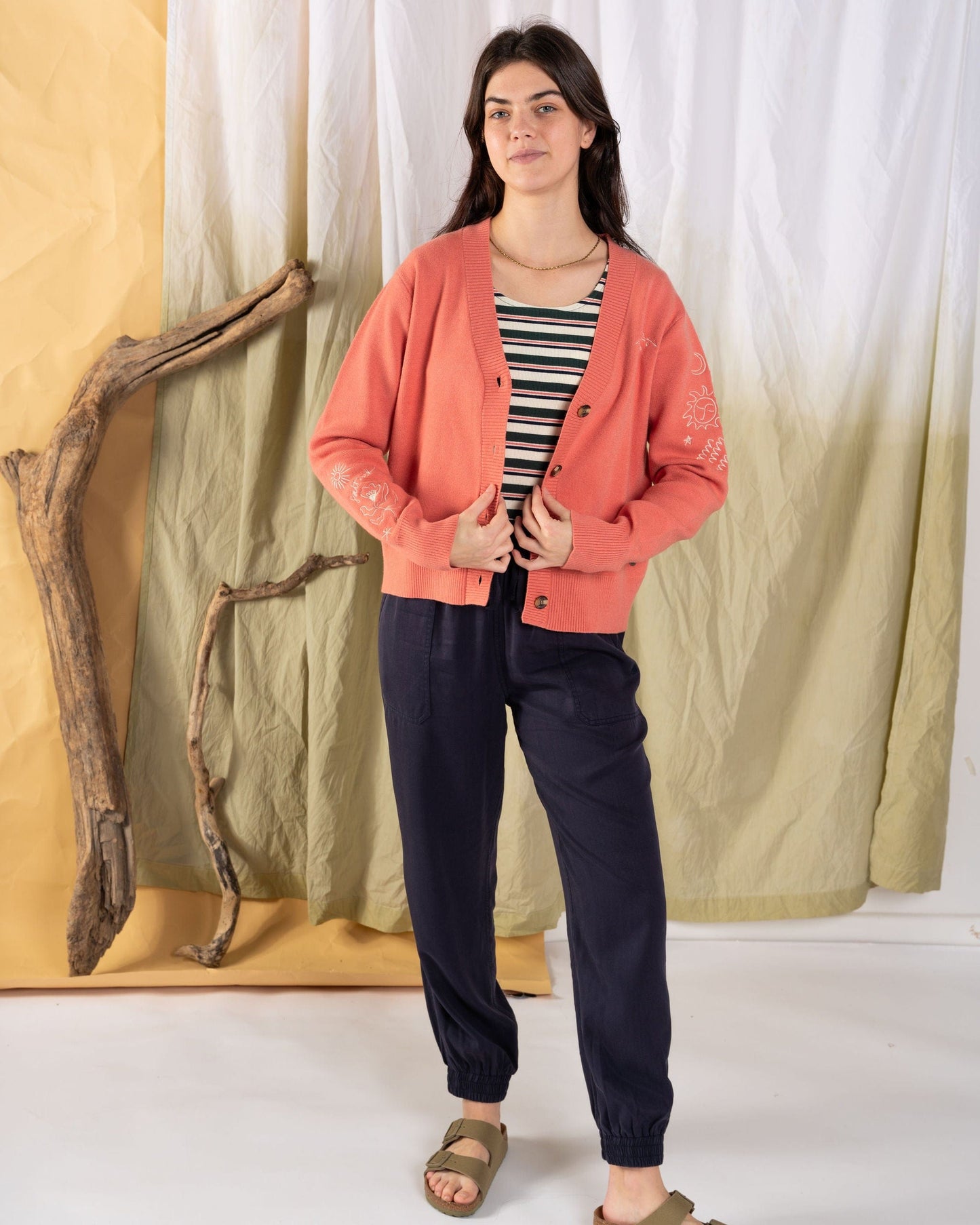 Serenity - Womens Knitted Embroidered Cardigan - Coral