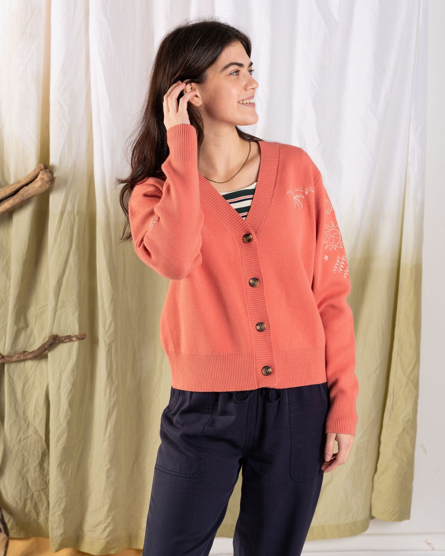 Serenity - Womens Knitted Embroidered Cardigan - Coral