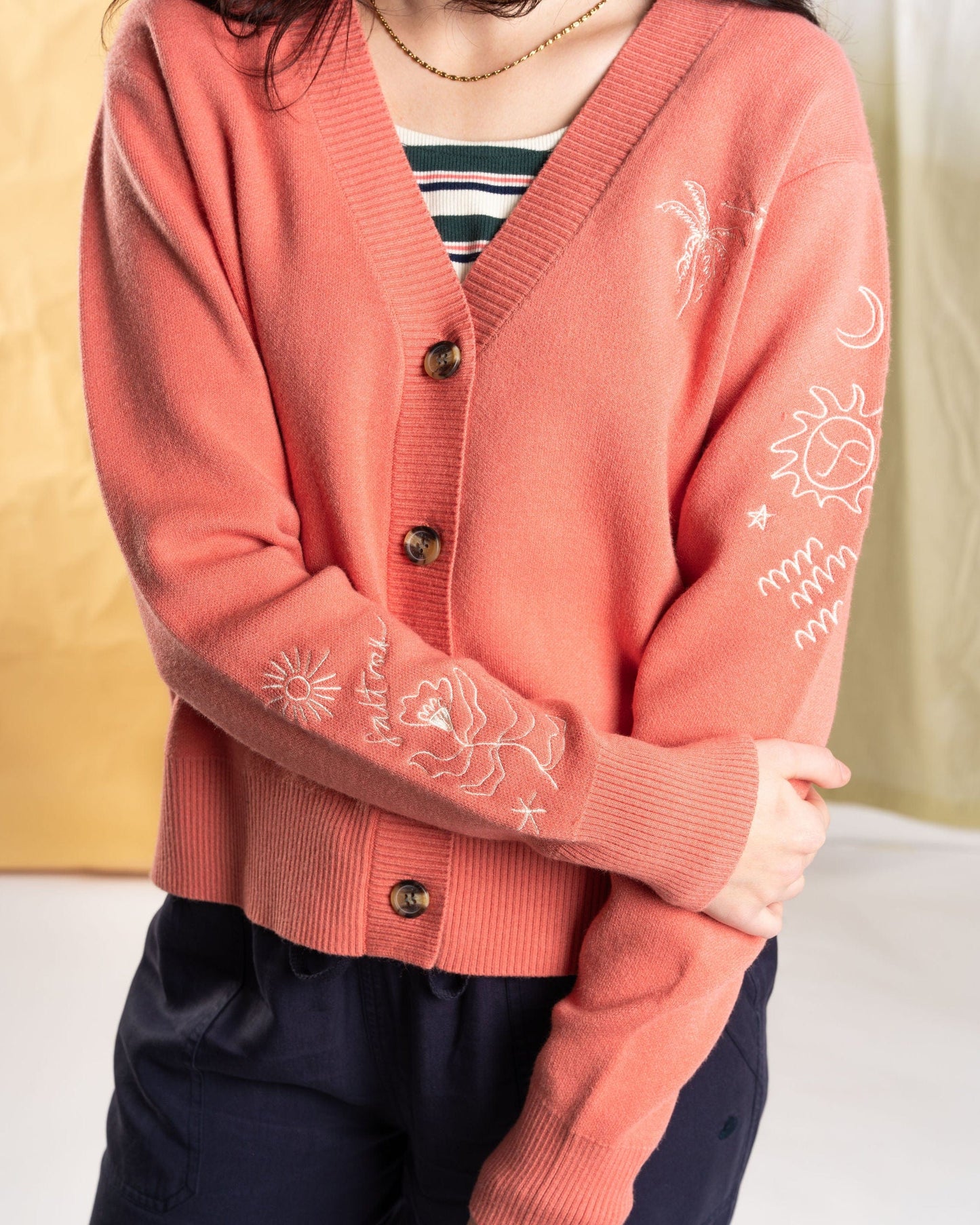 Serenity - Womens Knitted Embroidered Cardigan - Coral