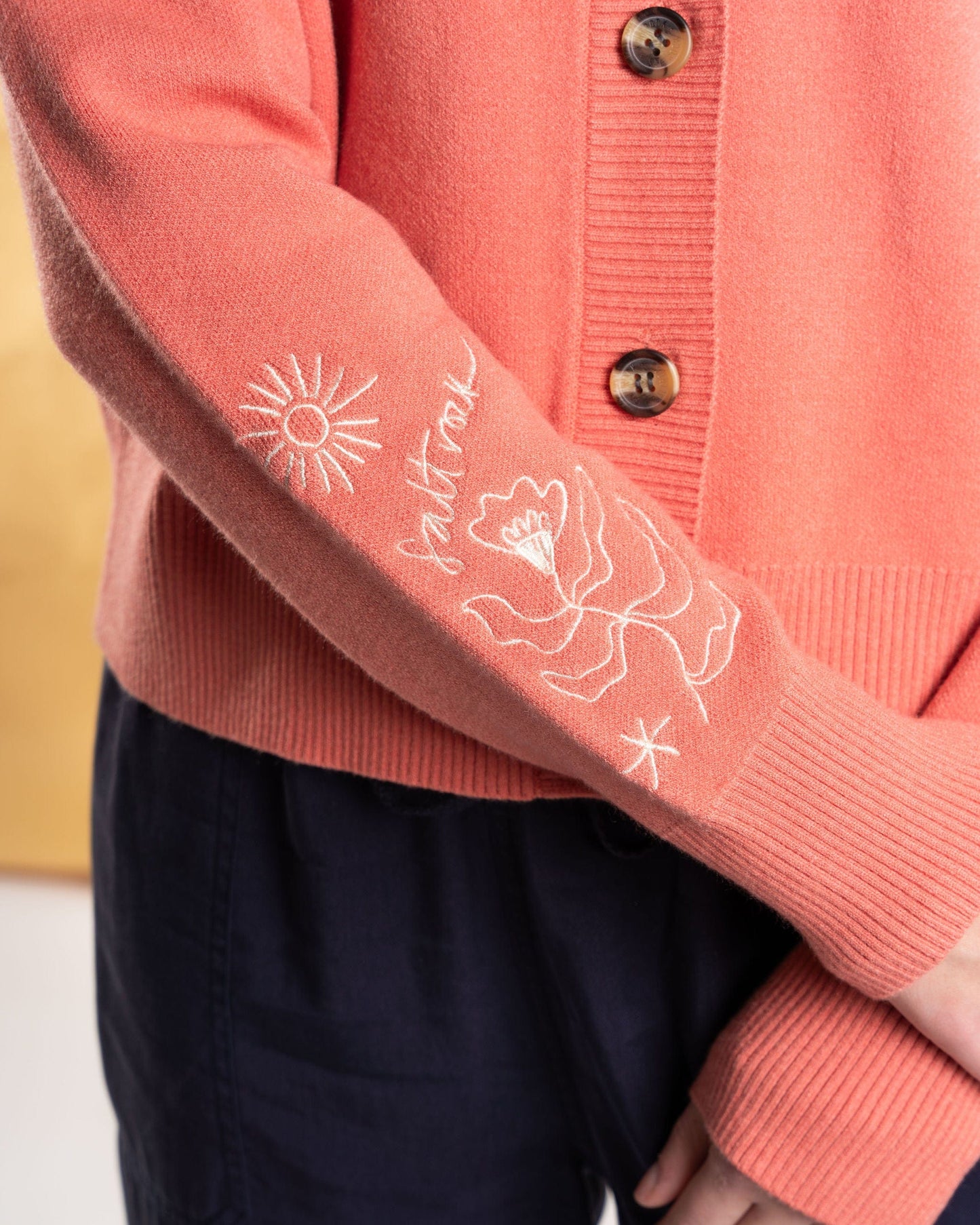 Serenity - Womens Knitted Embroidered Cardigan - Coral