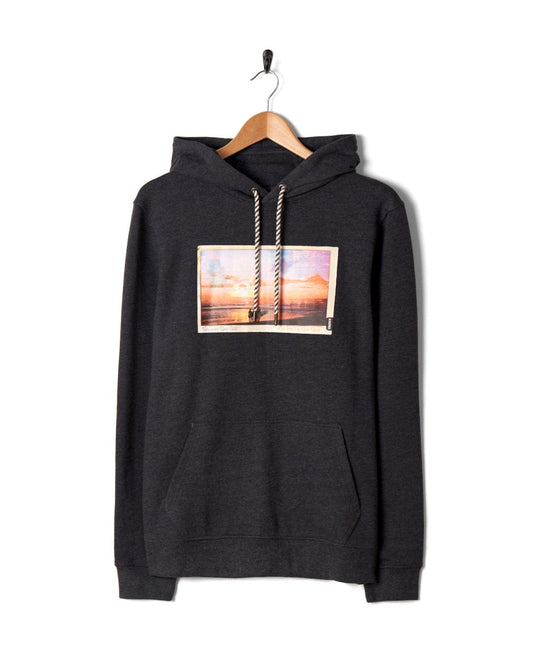 A Sun Sets - Mens Pop Hoodie - Charcoal from Saltrock with an image of a beach scene at sunset.