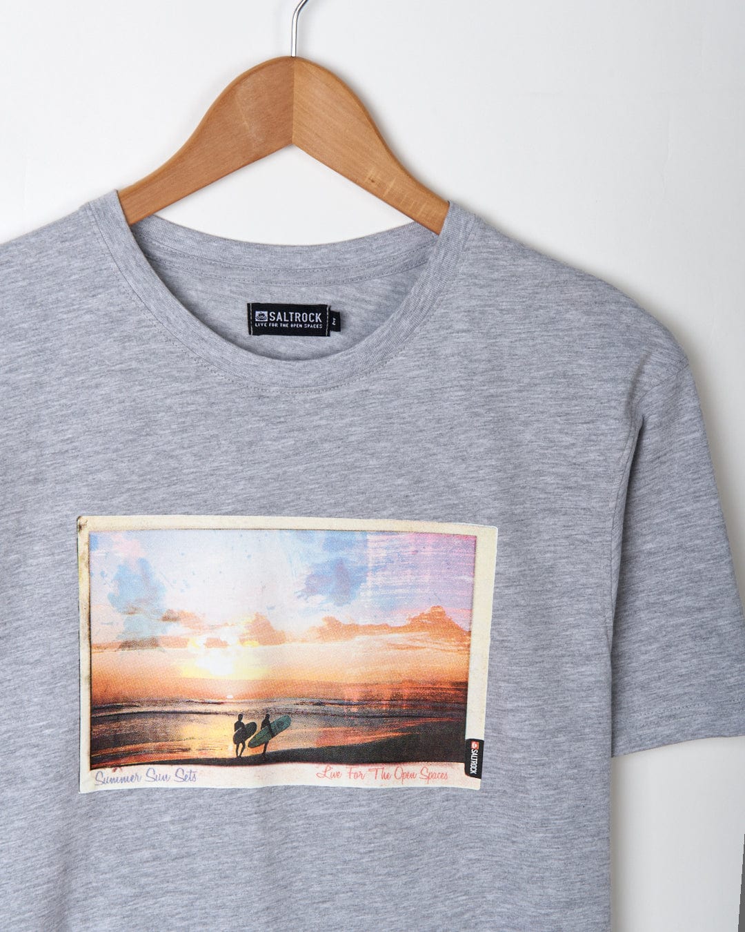 A grey Sun Sets - Mens Short Sleeve T-Shirt by Saltrock, featuring a sunset digital print and a soft hand feel.