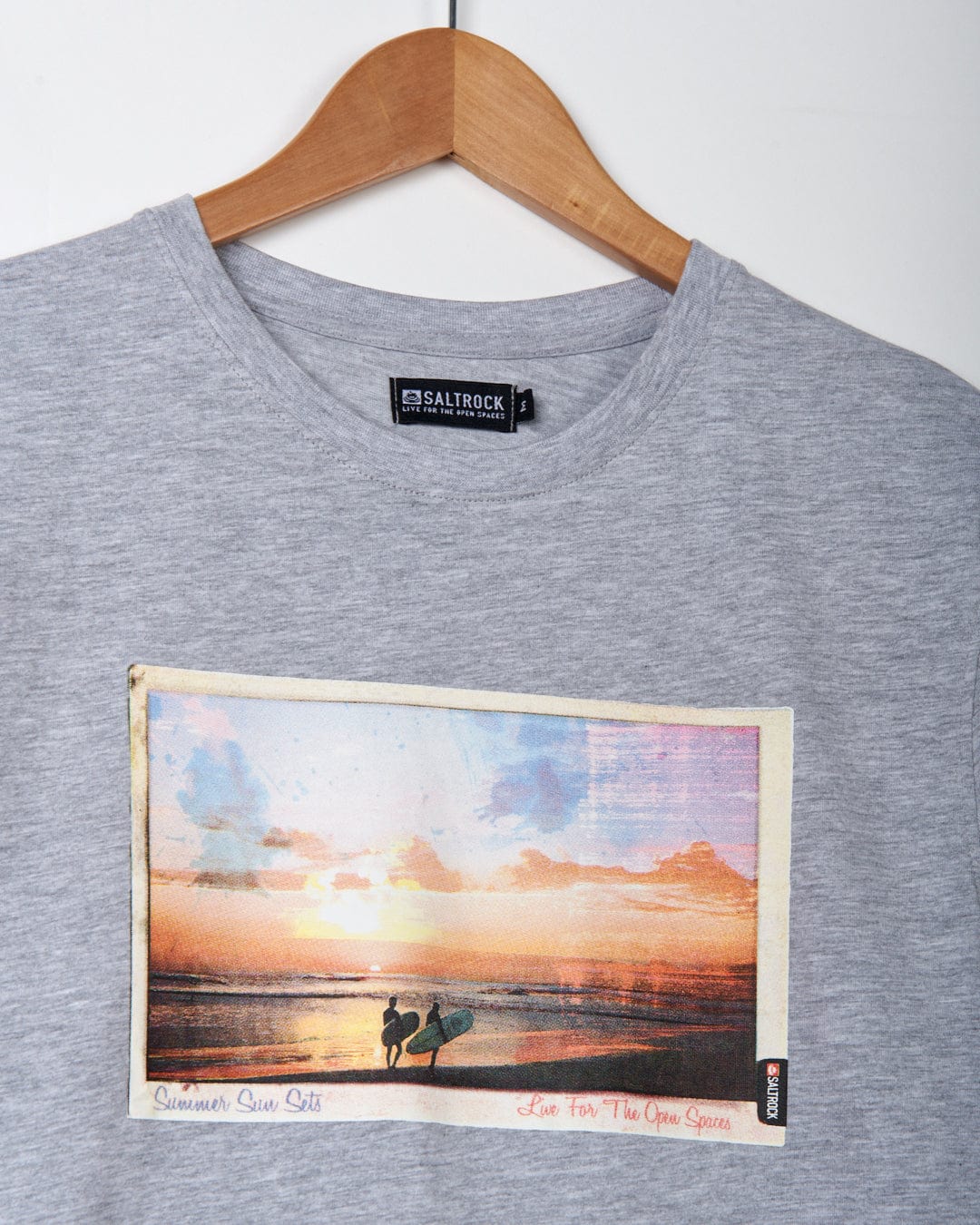 A Grey Marl Sun Sets - Mens Short Sleeve T-Shirt featuring a sunset digital print on the front by Saltrock.