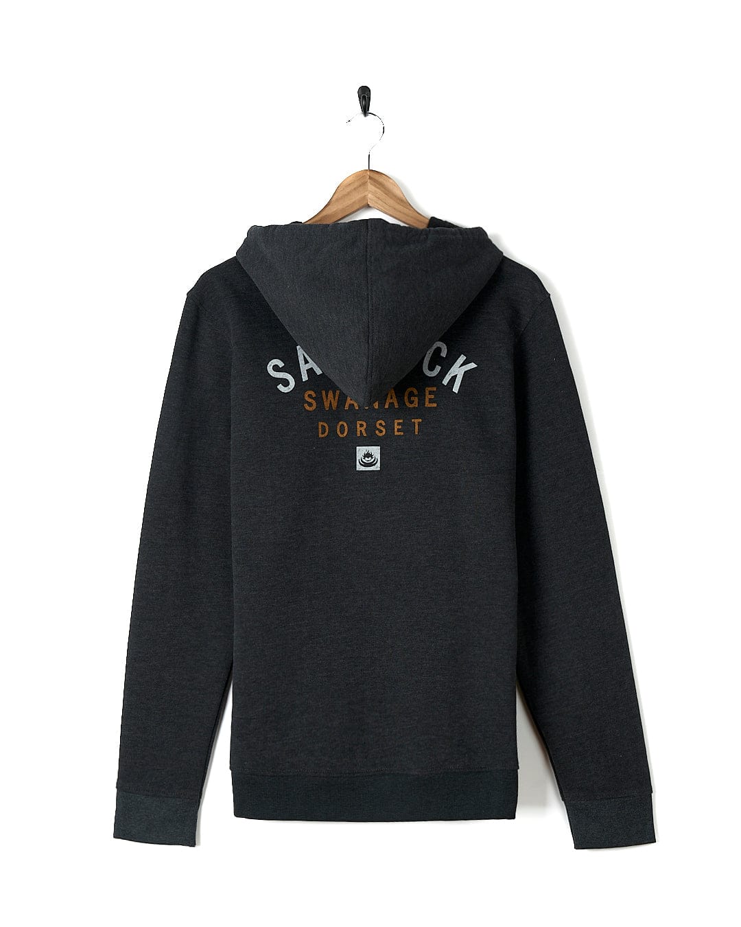 A Saltrock Location Zip Hoodie - Swanage - Dark Grey with a logo on it.