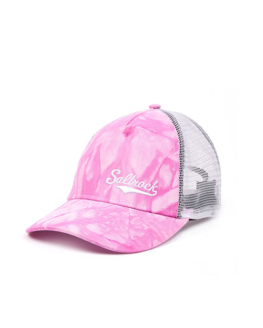 Pink and white tie-dye print Swifty Trucker Cap with the word "Saltrock" written on the front.