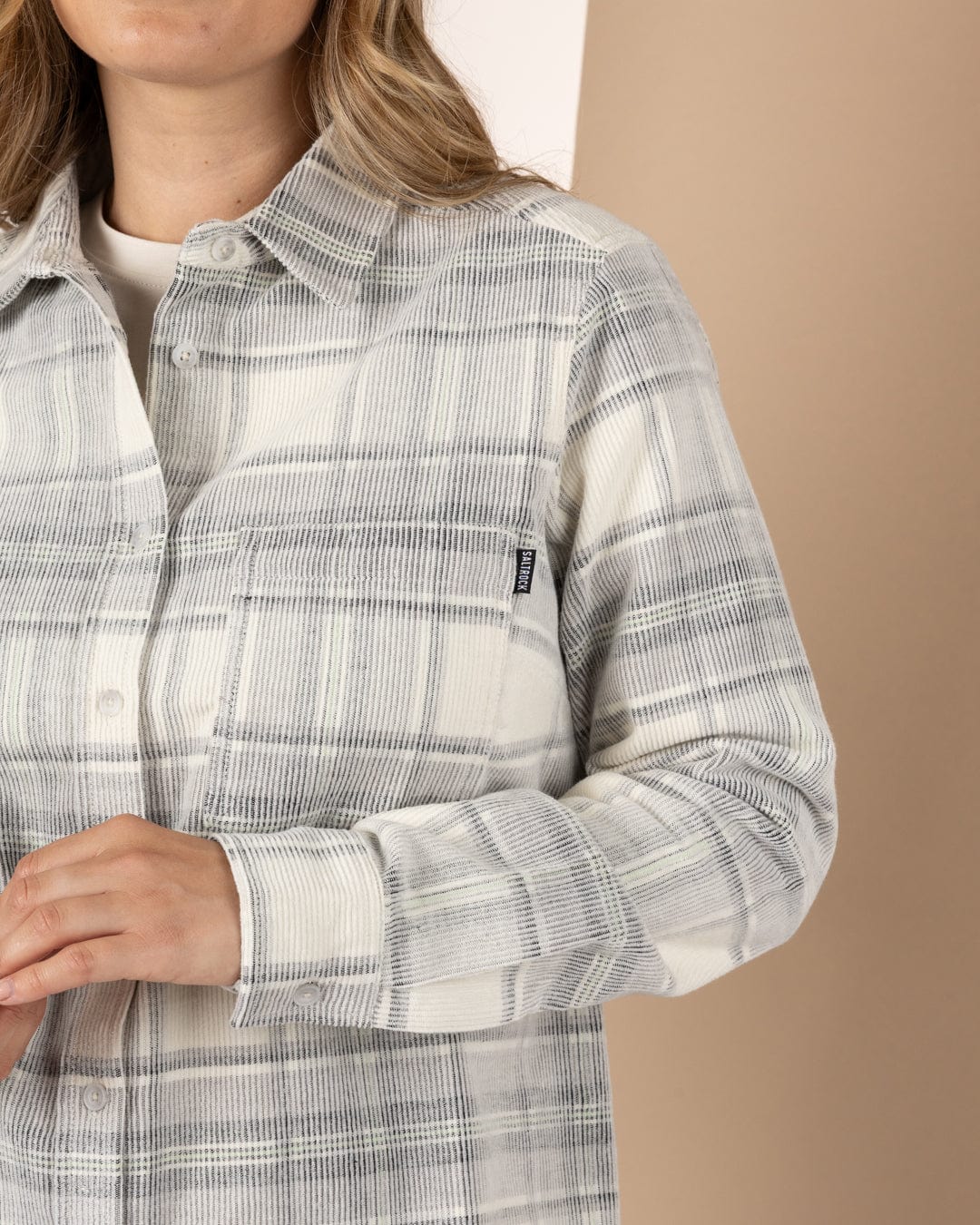 Tiff -Womens Corduroy Check Shirt - Cream/Grey