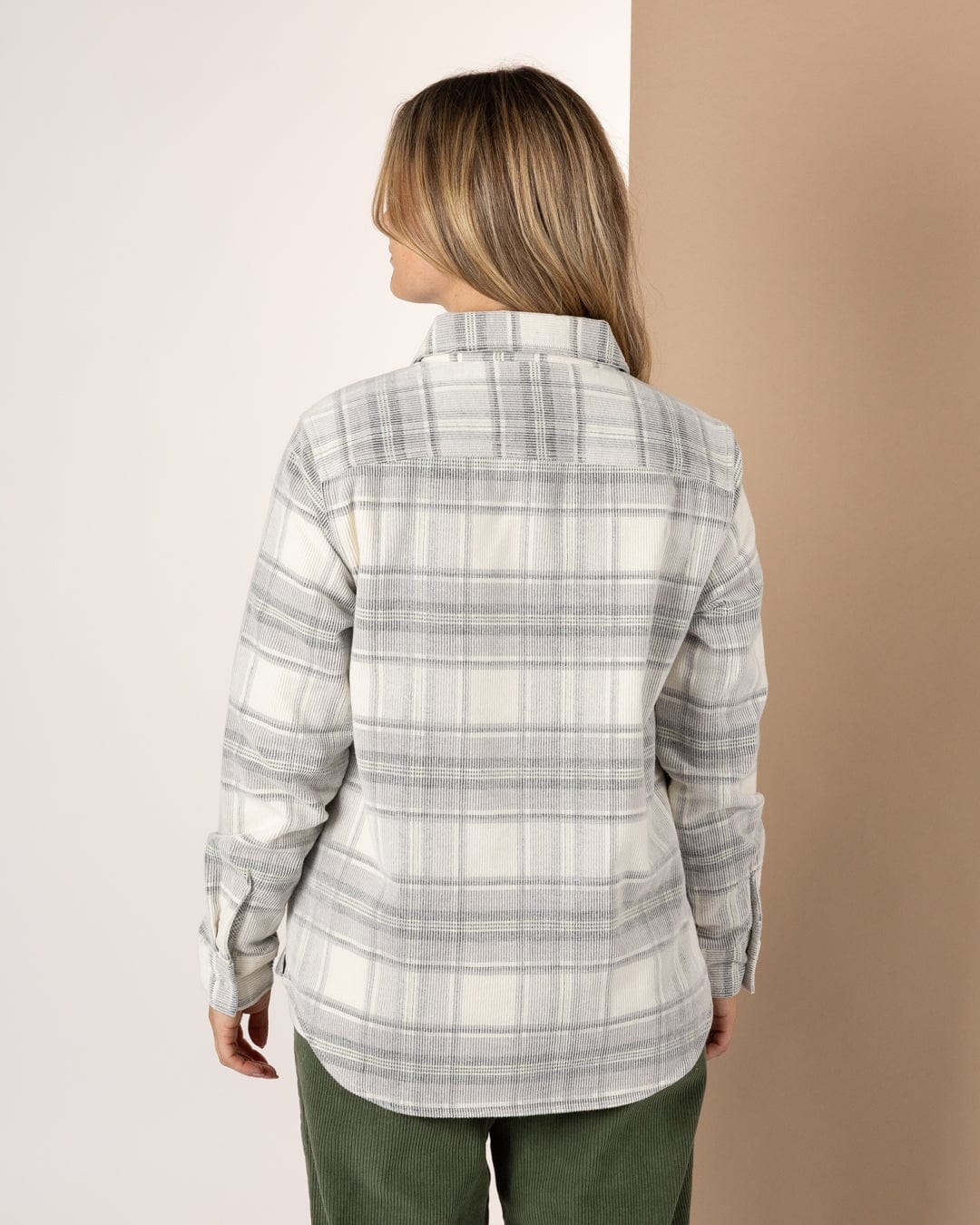 Tiff -Womens Corduroy Check Shirt - Cream/Grey