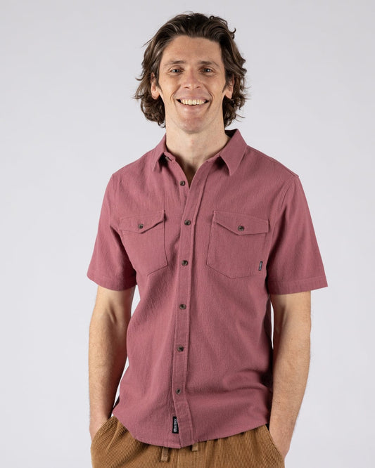 Polperro Mens Short Sleeve Shirt in Dark Pink