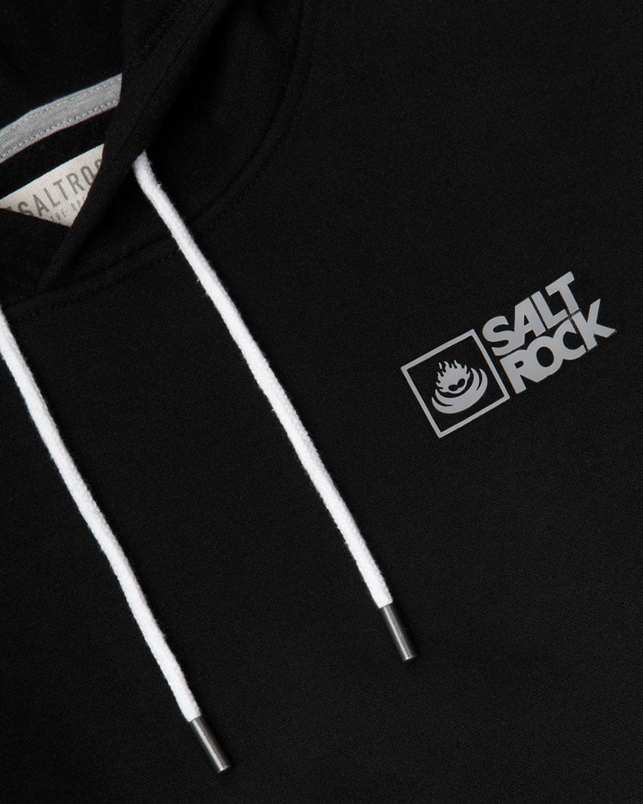 Close-up of a Saltrock Original - Mens Pop Hoodie - Black with white drawstrings and a Saltrock logo on the front, crafted from soft jersey material.