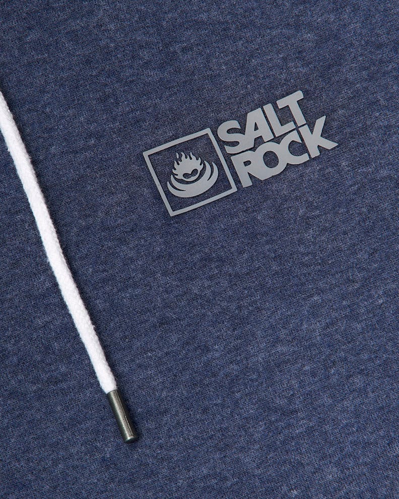 A close-up view of a textile surface with a white draw cord hood and a metal aglet, featuring Saltrock branding logo with a flame icon above the text of the Saltrock Original - Mens Pop Hood - Blue Marl.