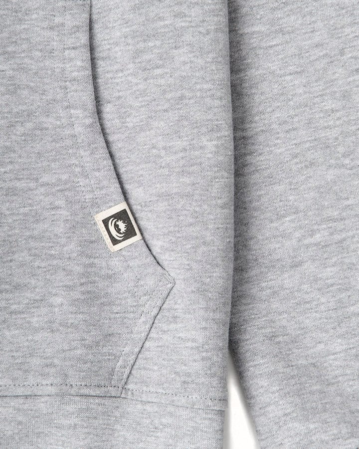 Close-up of a gray, soft jersey material with a small square Saltrock Original - Mens Pop Hoodie - Grey label sewn onto the edge.