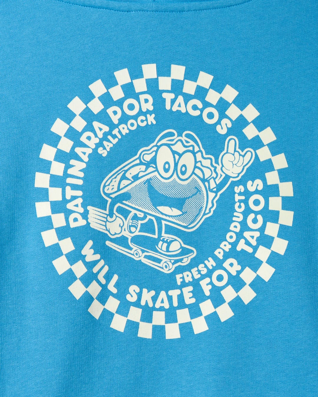 Blue Taco Tok - Recycled Kids Pop Hoodie design featuring a cartoon frog on a skateboard, encircled by text "patinar por tacos - will skate for tacos", enhanced with Saltrock graphics.