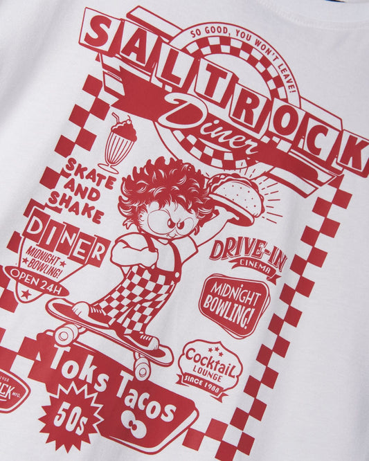 Graphic of a vintage diner theme on a Taco Tok - Kids Short Sleeve T-Shirt from Saltrock featuring a cartoon character, checkered patterns, text "Saltrock Taco Tok," and icons like tacos, a milkshake, and a burger.