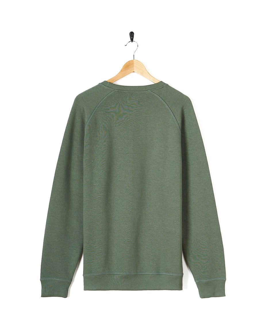 An eye-catching Saltrock Taped Stripe - Mens Crew Sweat - Green sweatshirt with retro stripes hanging on a hanger.