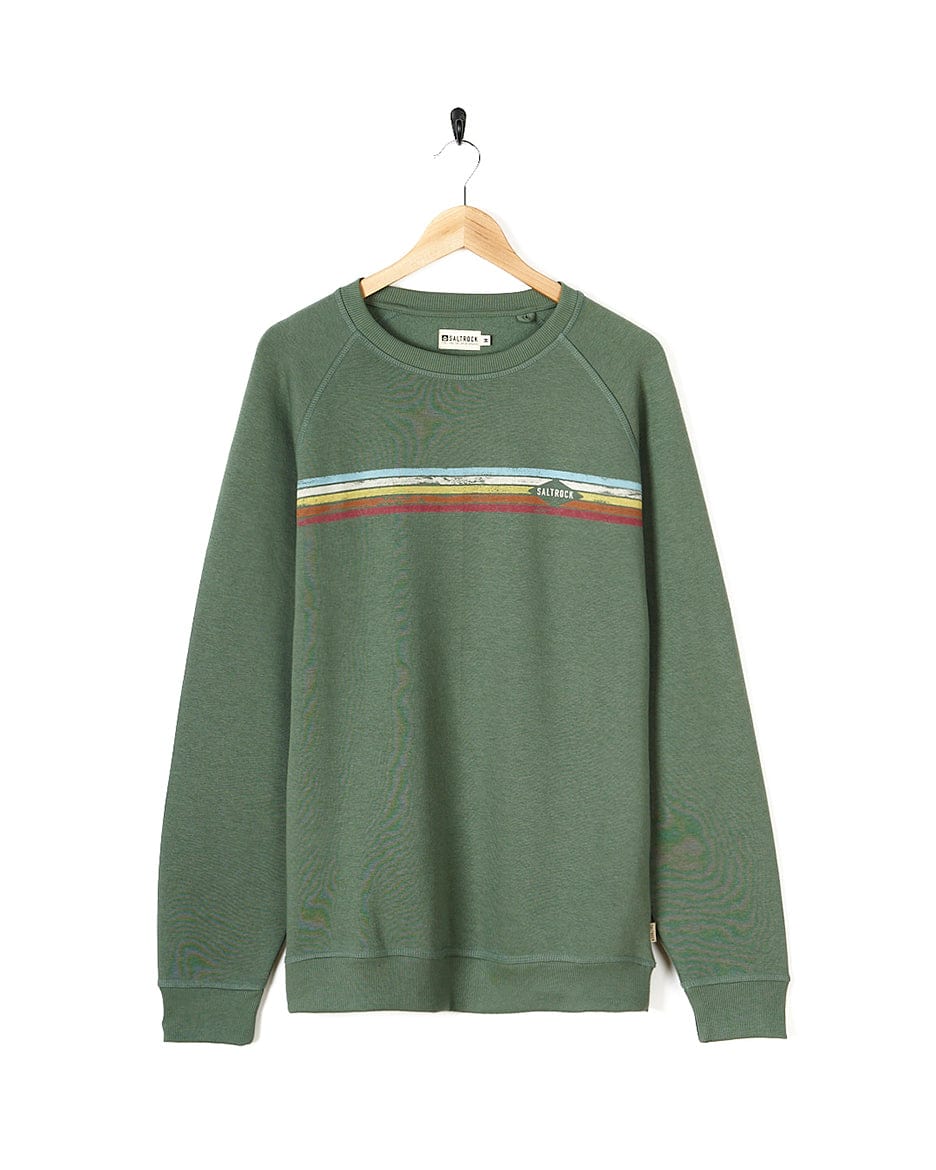 A Saltrock Taped Stripe - Mens Crew Sweat - Green sweatshirt with retro rainbow stripes.