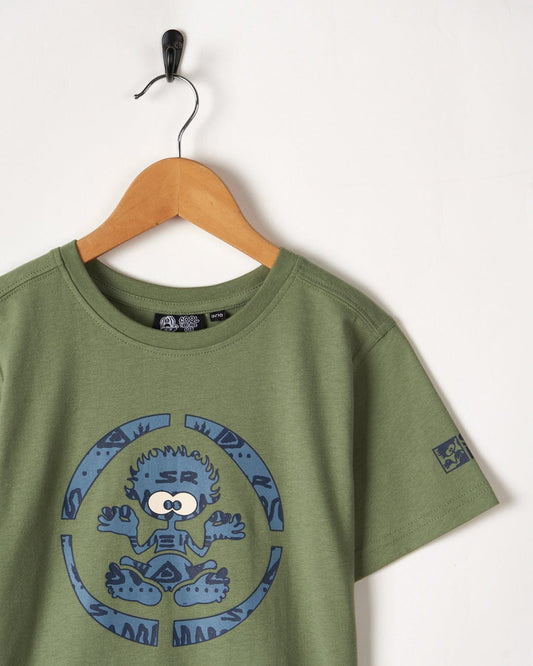 A green short sleeve t-shirt with a blue monster Saltrock illustration.