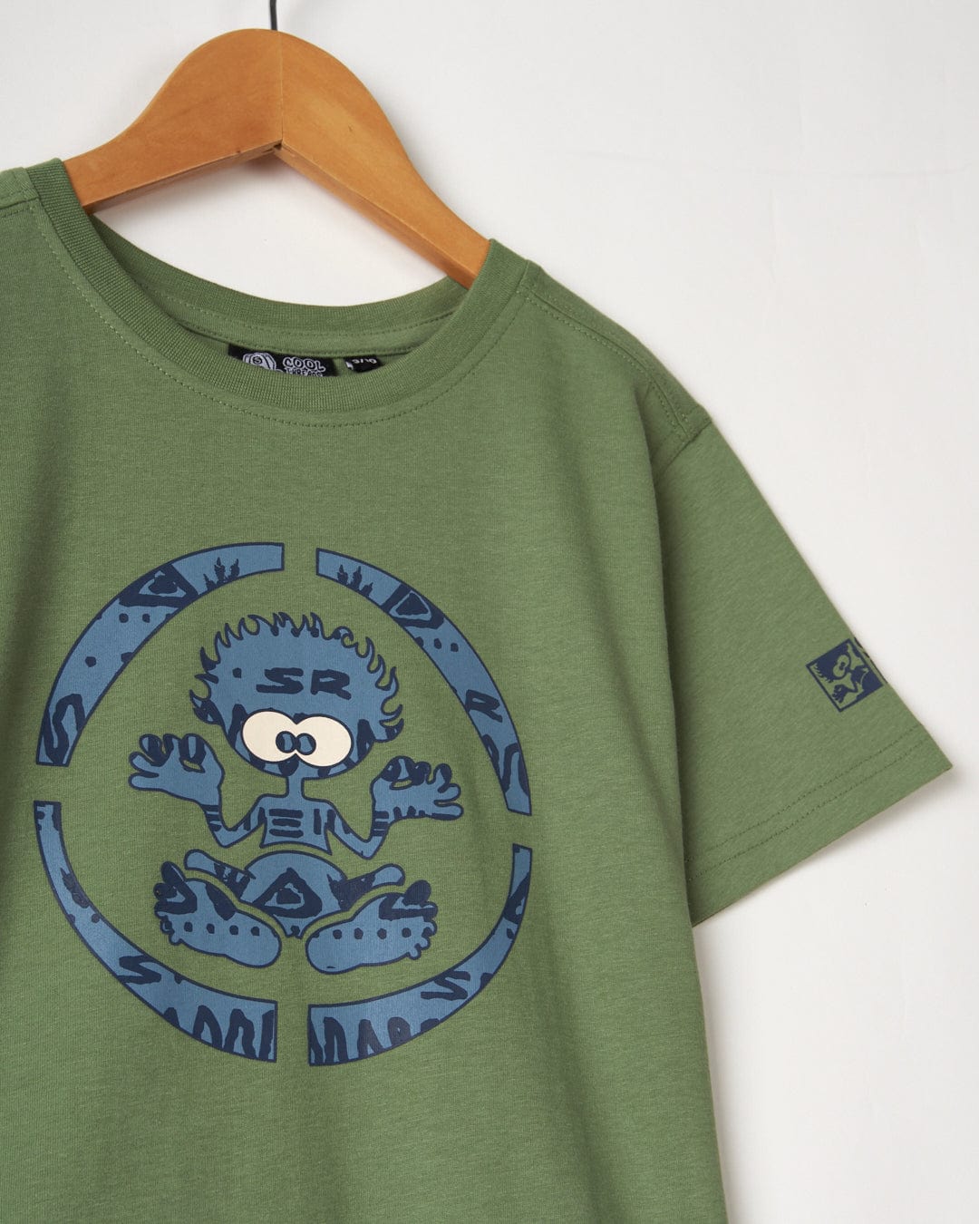 A green Saltrock Kids Short Sleeve T-Shirt with a blue bear illustration on it.