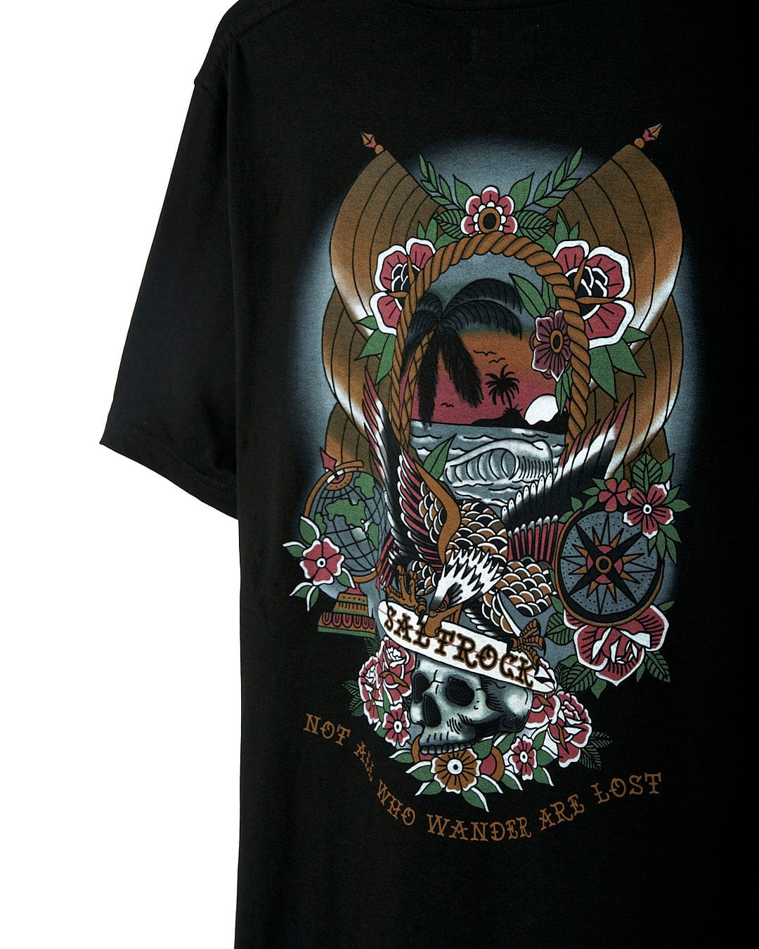 A Saltrock Tattoo Island 2 - Mens Short Sleeve T-Shirt - Black with an eagle on it.
