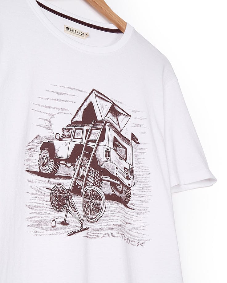 A Tent Truck - Mens Short Sleeve T-Shirt - White featuring a Saltrock camper truck graphic.