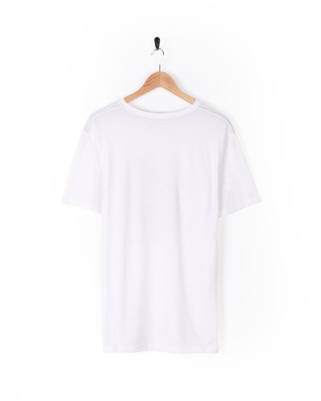 A classic Saltrock white t-shirt hanging on a wooden hanger, perfect for the outdoors (Tent Truck - Mens Short Sleeve T-Shirt - White).