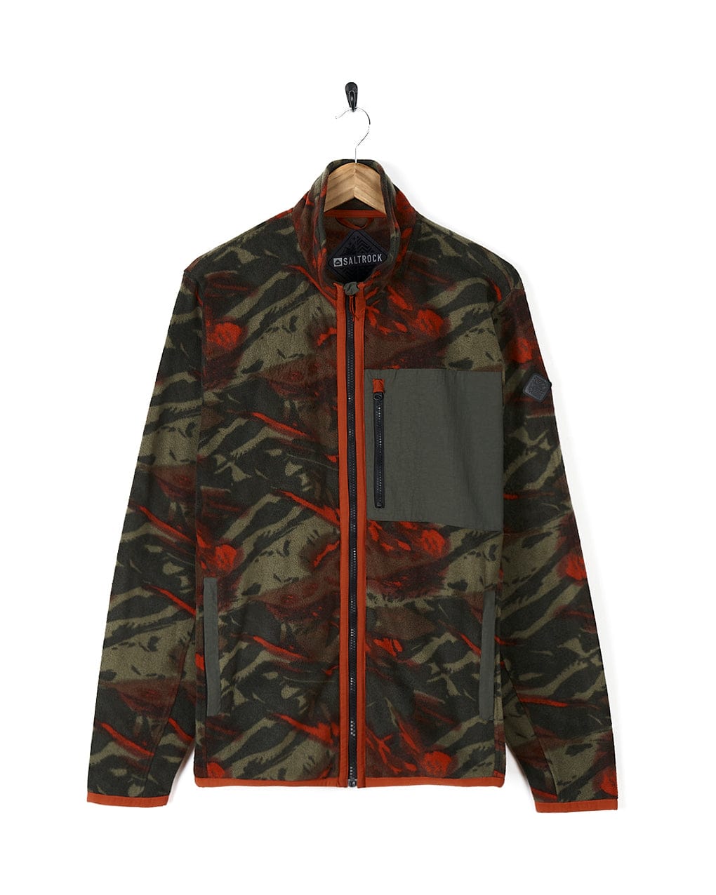 A Saltrock Terran - Mens Zip Thru Fleece - Green/Red jacket with red trims and a camo print.