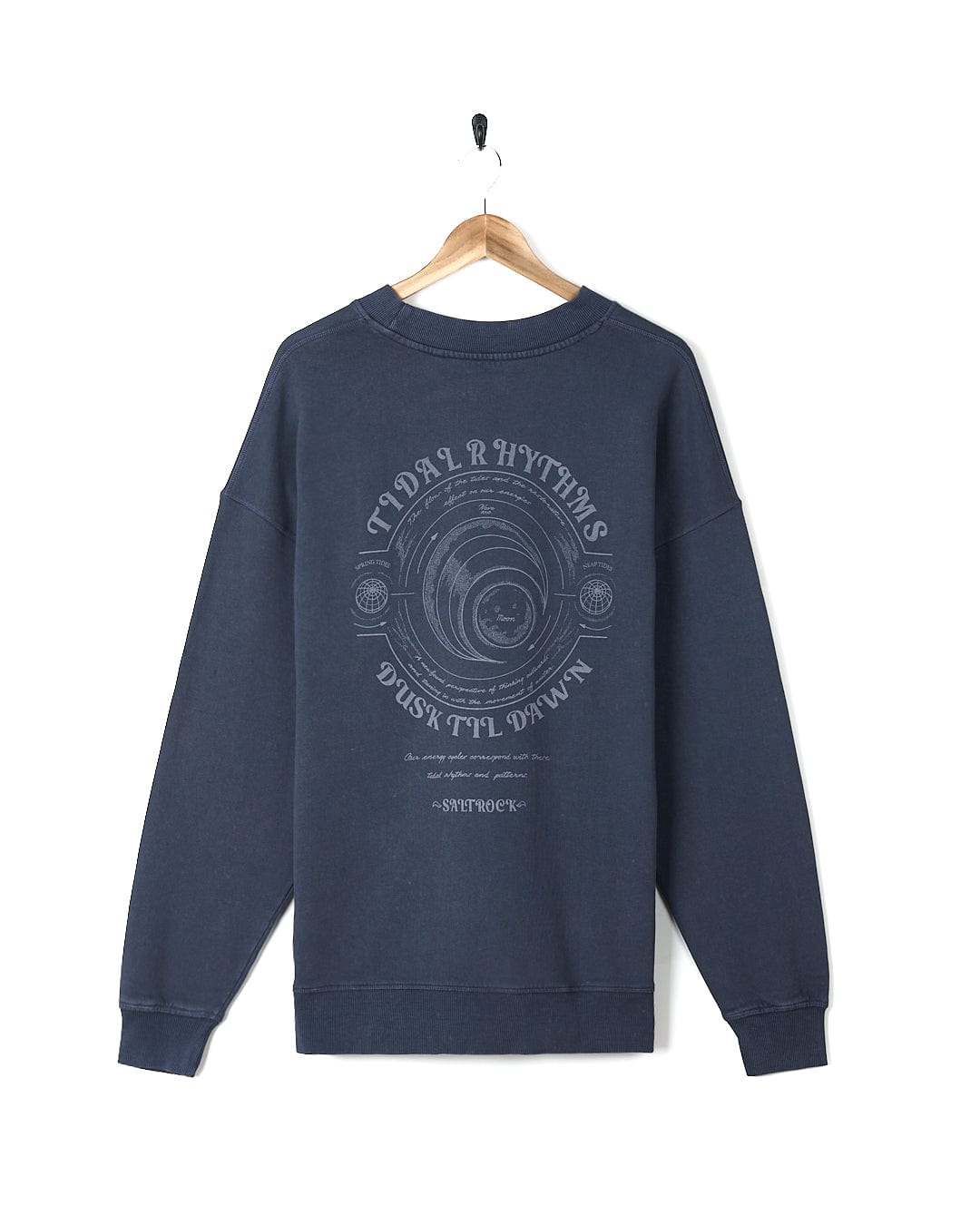 An oversized crew sweat with a Tidal Rhythms - Mens Oversized Crew Sweat - Dark Blue spiral on it from Saltrock.