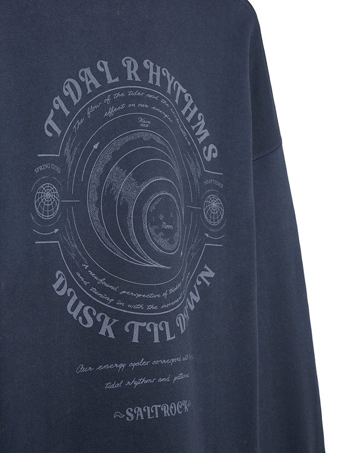 A Saltrock Tidal Rhythms - Mens Oversized Crew Sweat - Dark Blue sweatshirt with the Tidal Rhythms design.