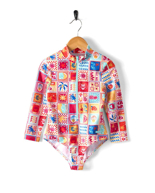 Tiles - Kids Long Sleeve Swimsuit - Pink