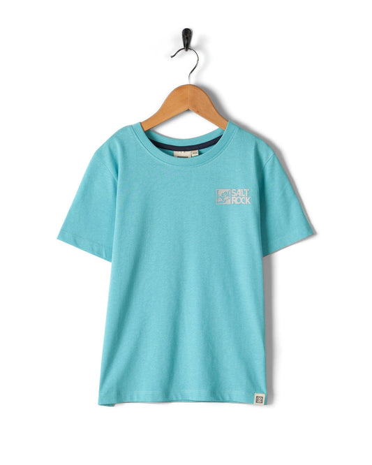 Teal basic t-shirt with a "Tok Corp" logo on the chest, hanging on a black hanger against a white background.
