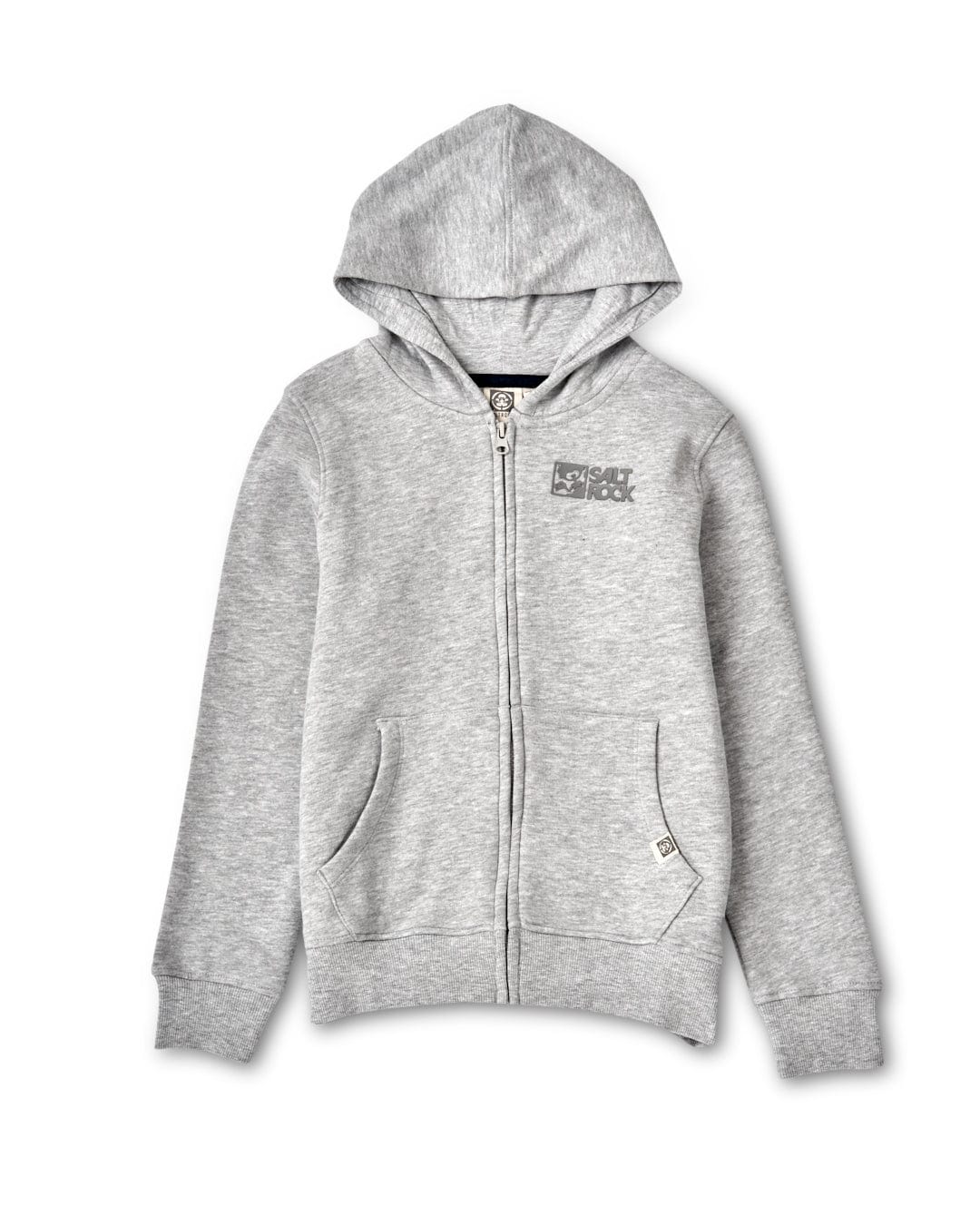Grey marl zip-up hoodie with a hood, featuring small Tok Corp branding on the chest and near the hem, displayed against a white background.