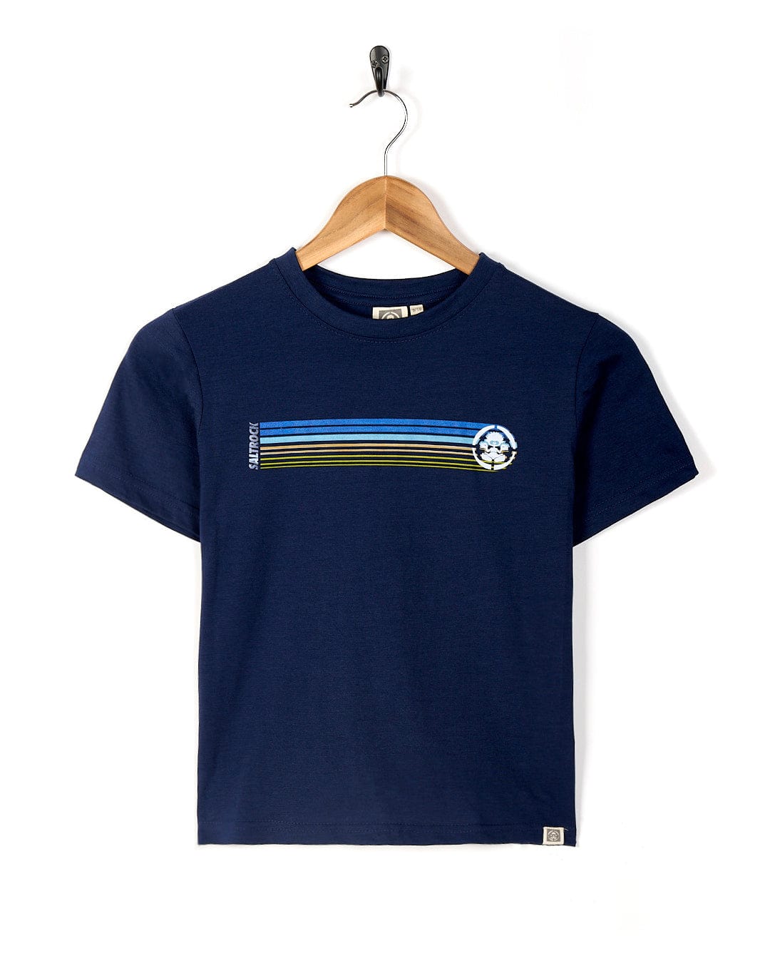 A Saltrock Tok Stripe - Kids Short Sleeve Tee - Dark Blue with retro stripes.