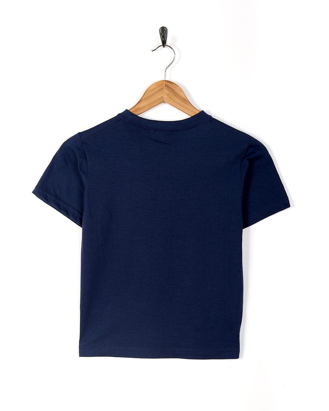 A Tok Stripe - Kids Short Sleeve Tee - Dark Blue hanging on a wooden hanger with Saltrock style kids tee.