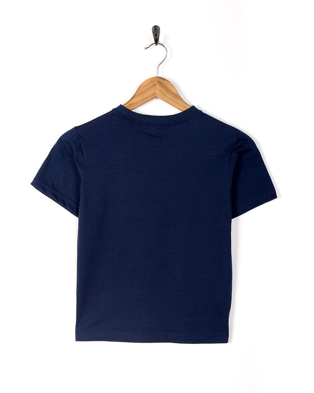 Saltrock Tok Stripe - Kids Short Sleeve T-Shirt - Dark Blue displayed on a wooden hanger against a white background.