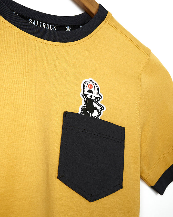 A yellow Saltrock Tok Walk T-Shirt with a pocket, perfect for active kids.