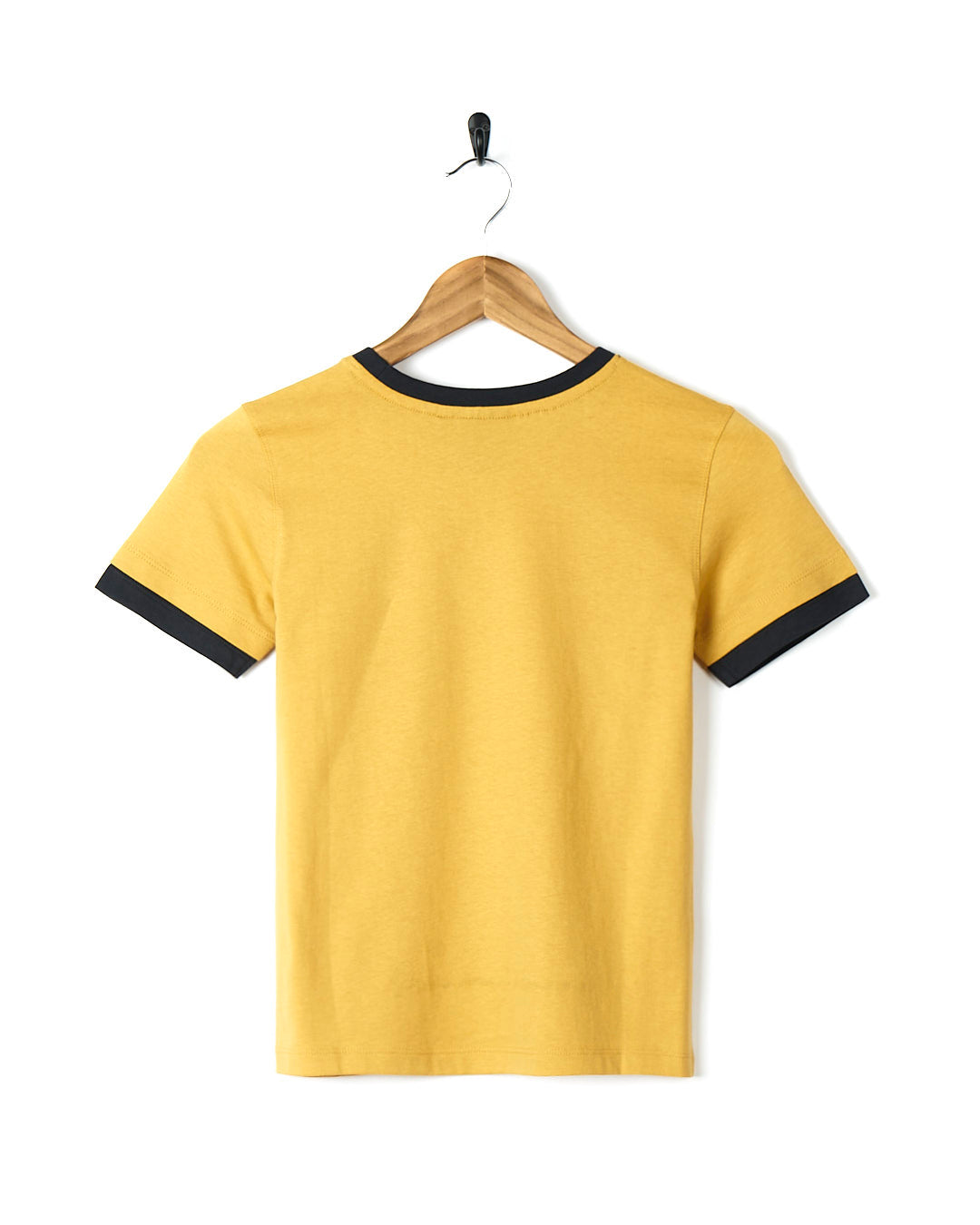 A 100% cotton yellow Saltrock Tok Walk - Kids Short Sleeve T-Shirt hanging on a wooden hanger.