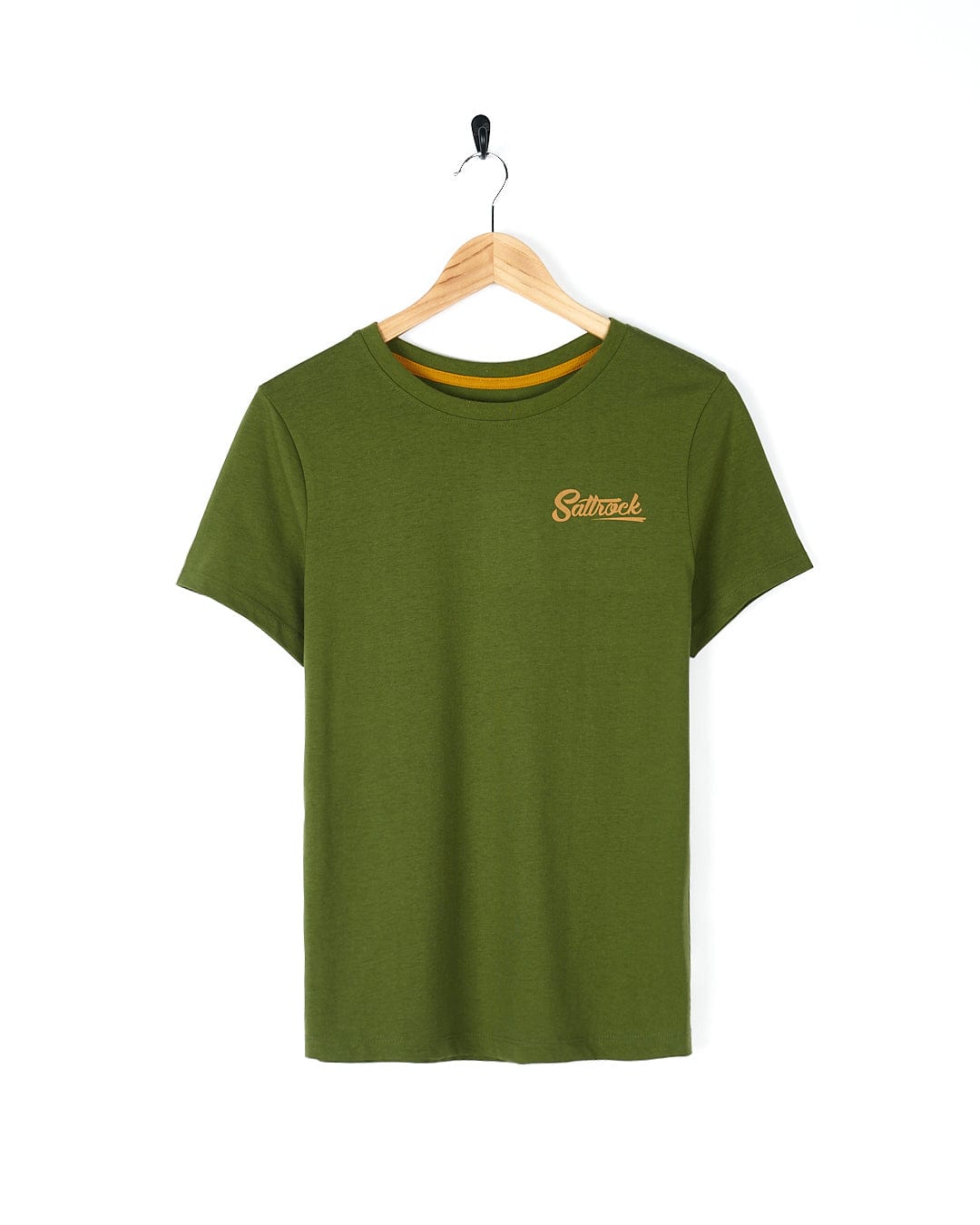 A lightweight fabric Saltrock - Trademark Womens Short Sleeve T-Shirt - Green with a yellow logo.