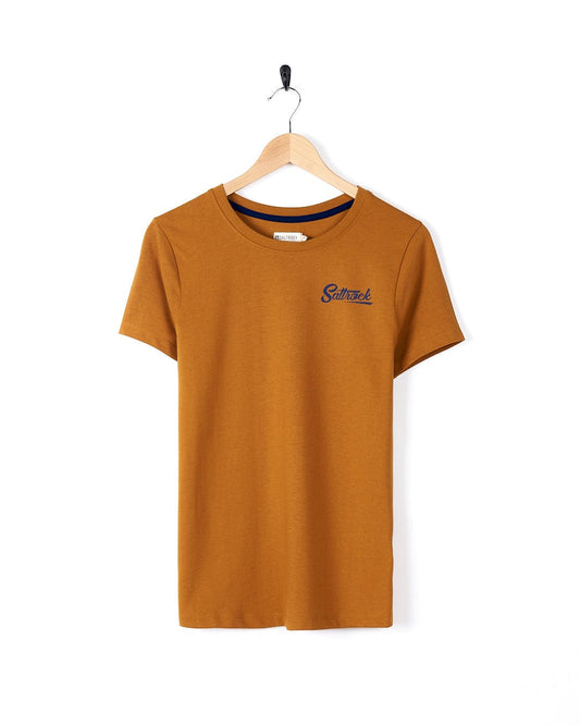A brown Trademark - Womens Short Sleeve T-Shirt - Yellow with a Saltrock branding logo on it.