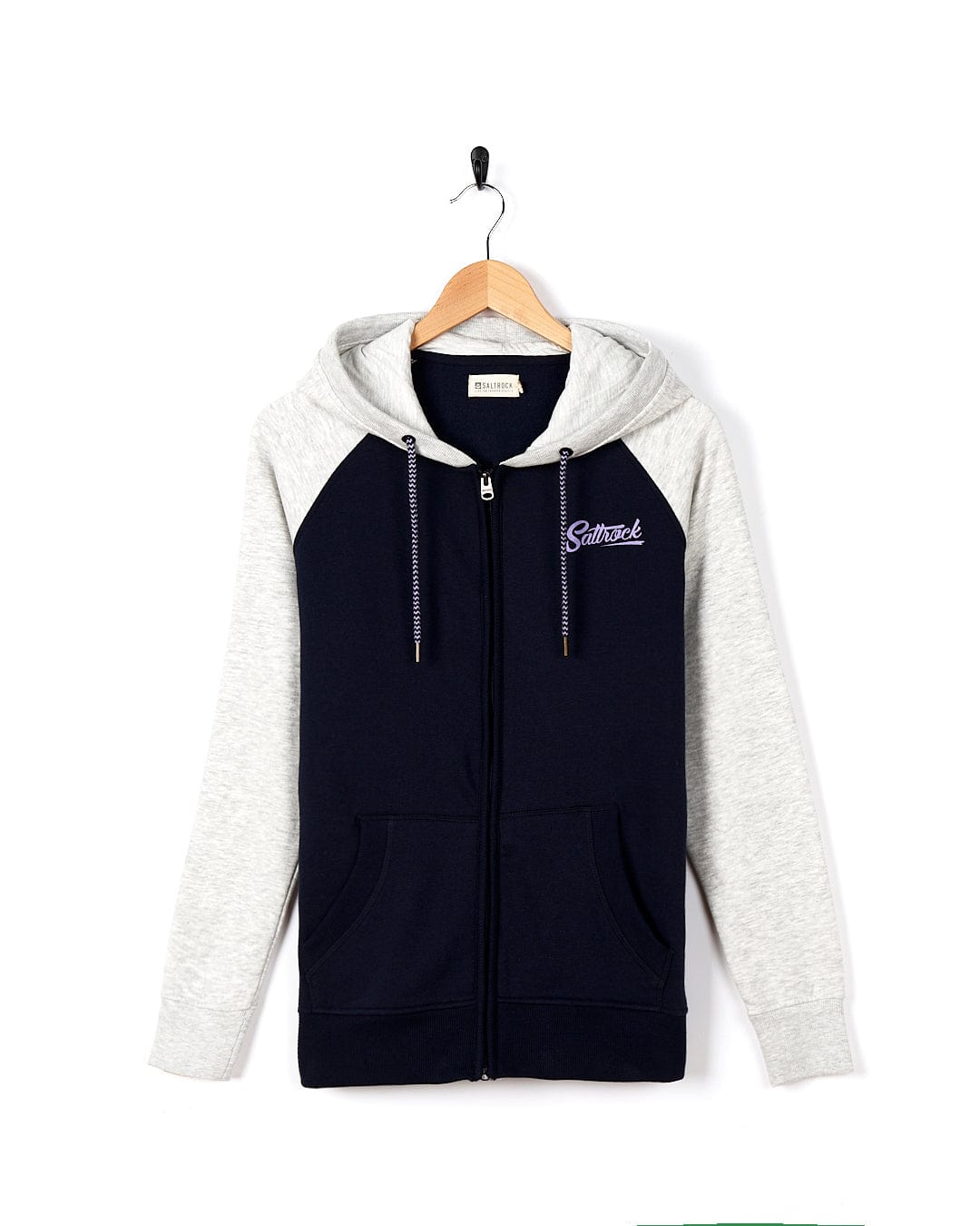 A Saltrock Trademark - Zip Hoodie - Dark Blue with a hood.