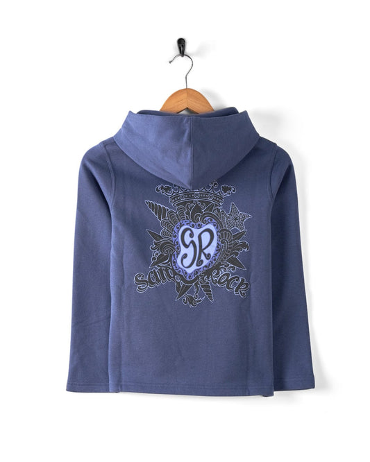 Blue "Tribal SR" kids' hoodie by Saltrock, featuring an intricate design and "SR" initials on the back. This eco-friendly piece includes a kangaroo pocket and is crafted from recycled materials for a stylish choice.