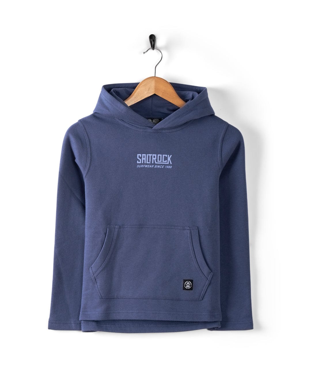 A blue Tribal SR Kids Recycled Pop Hoodie by Saltrock, features "SATROCK" on the chest, a small logo on the kangaroo pocket, and is made from recycled materials.