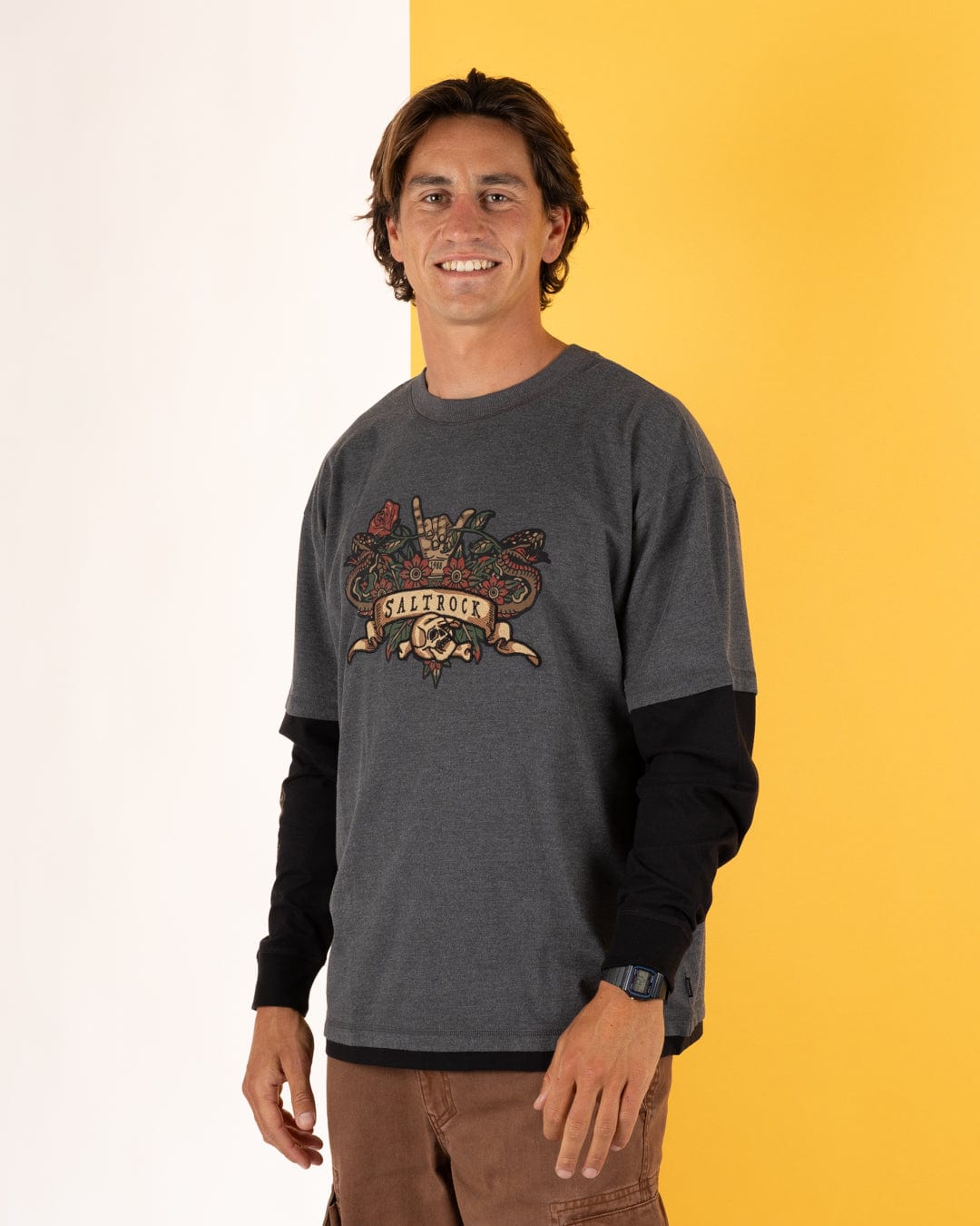 Shaka Tattoo - Mens Oversized Long Sleeve T-Shirt - Dark Grey