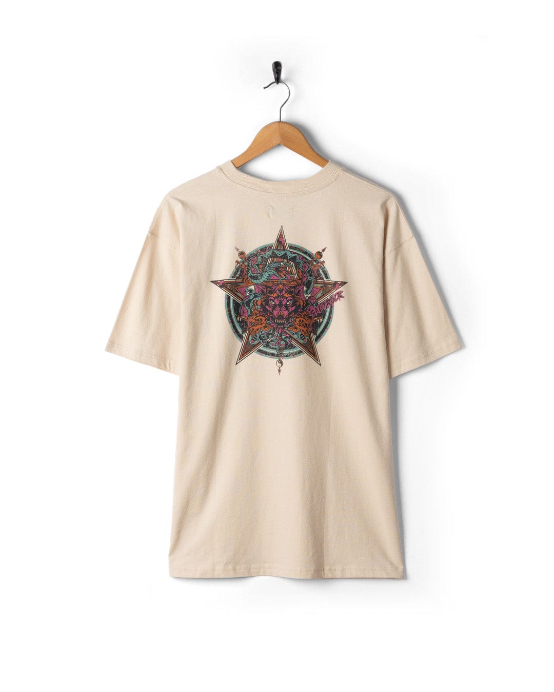 The Wolfscale II men's oversized short sleeve t-shirt by Saltrock in cream is made from 100% cotton and features a large, colorful graphic design on the back.