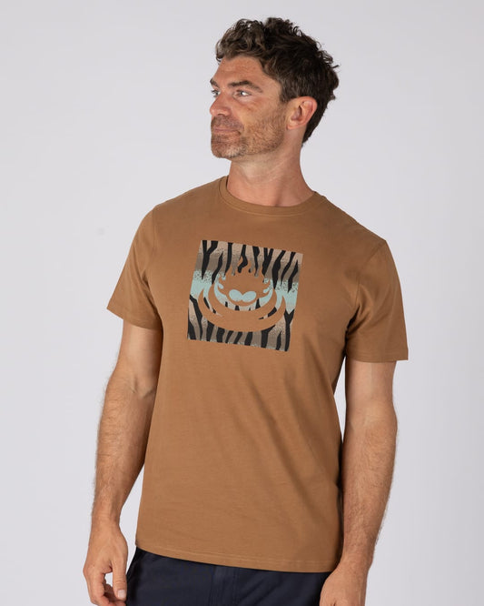 Tiger Shark Box Logo Mens Short Sleeve T-Shirt in Brown