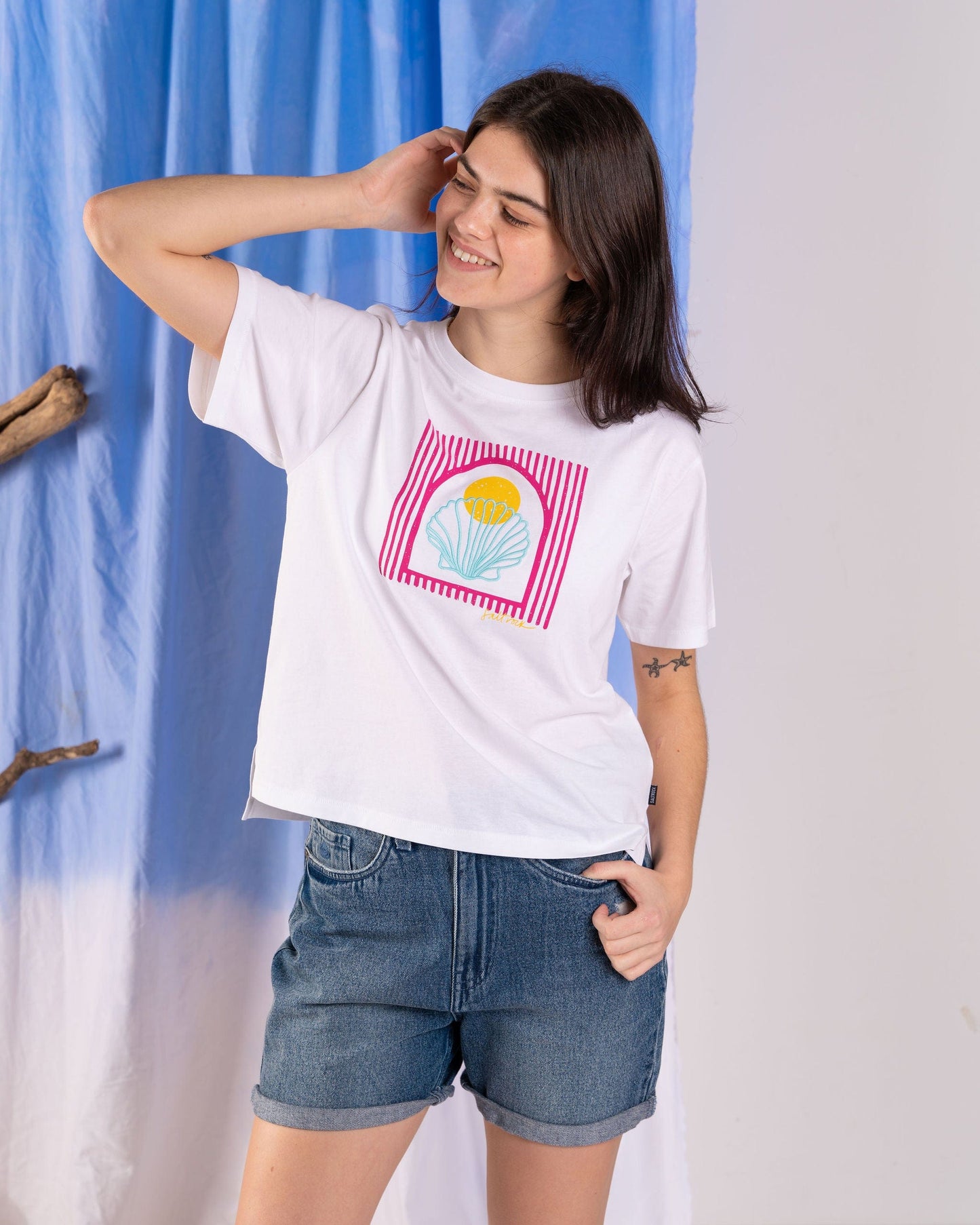 Shell Tile - Womens Boxy Embroidered T-Shirt - White