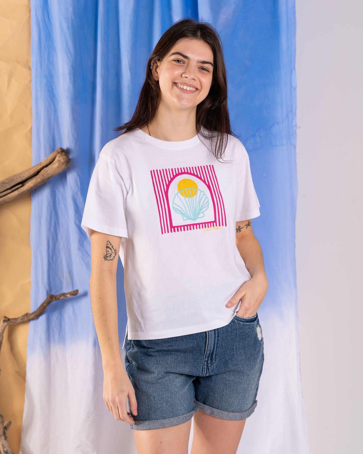 Shell Tile - Womens Boxy Embroidered T-Shirt - White