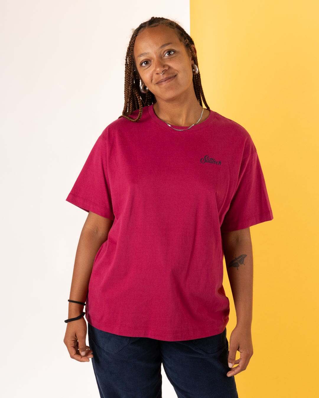 Trader Floral - Womens Oversized Short Sleeve T-Shirt - Dark Pink