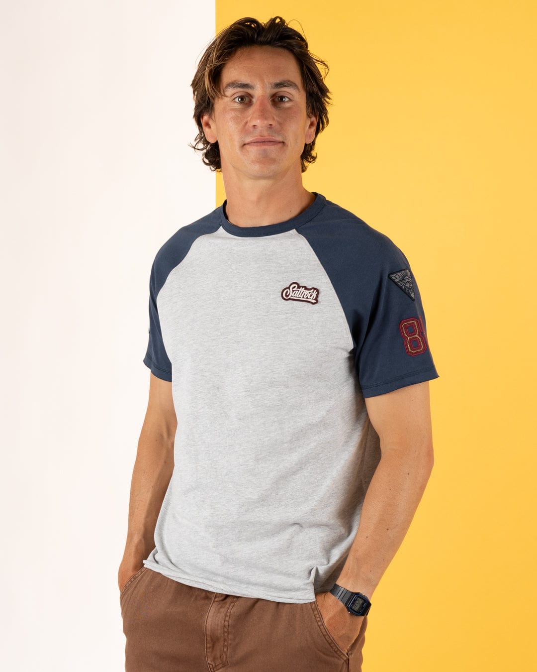 Patch Raglan - Mens Short Sleeve Raglan T-Shirt - Blue/Grey