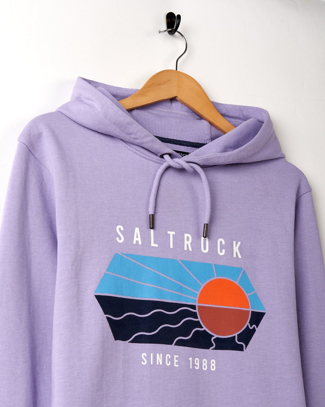 A Vantage Colour - Pop Hoodie in purple with Saltrock branding and a drawcord hood. Made of a Cotton/Polyester blend.